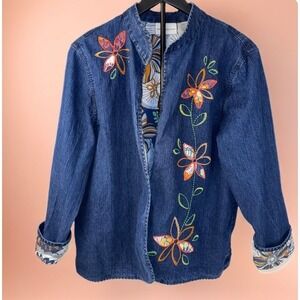 Alfred Dunner Denim Jacket Women 16 Blue Floral Embroidered Mandarin Collar